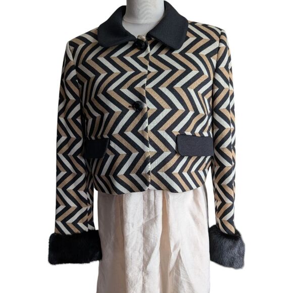 Red Valentino Mink Fur Accents Wool Blend Chevron Crop Jacket/Blazer L/Us10/It46 - Picture 4 of 16